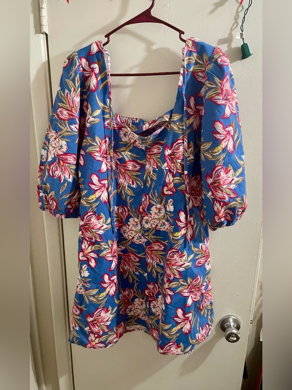 A New Day Blue Floral Square Neck Puff Sleeve Dress Sz L NWT